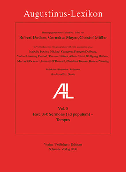 Das Augustinus-Lexikon (AL) ist ein mehrbändiges Begriffs- und Real-Lexikon. In alphabetischer Reihenfolge erfasst es Begriffe, Personen und Sachen, die für Leben, Werk und Lehre Augustins von Bedeutung sind. Um grössere Zusammenhänge darstellen zu können, behandelt das AL nicht nur Augustins Biographie und Schriften, sondern bezieht auch seine kirchenpolitische Stellung, die Persönlichkeiten seiner Umgebung sowie den zeitgeschichtlichen Kontext mit ein. Das AL stellt die für Augustins Denken charakteristischen Begriffe unter Berücksichtigung sowohl der christlichen wie der pagan-antiken Tradition dar. Die deutschen, englischen oder französischen Artikel stammen von international anerkannten Augustinus-Spezialisten. Augustinus selbst wird im Original zitiert. Eine ausführliche Bibliographie schliesst jeden Artikel ab. Faszikel 3/4 von Band 5 ist herausgegeben von Robert Dodaro, Cornelius Mayer und Christof Müller in Verbindung mit Isabelle Bochet, Michael Cameron, François Dolbeau, Volker Henning Drecoll, Therese Fuhrer, Alfons Fürst, Wolfgang Hübner, Martin Klöckener, James J. O’Donnell, Christian Tornau, Konrad Vössing. Redaktion: Andreas E. J. Grote. Unter der Verantwortung der Akademie der Wissenschaften und der Literatur, Mainz. Gefördert mit Mitteln des Bundesministeriums für Bildung und Forschung, Bonn, und des Bayerischen Staatsministeriums für Wissenschaft, Forschung und Kunst, München, sowie der Deutschen Augustinerordensprovinz, Würzburg.