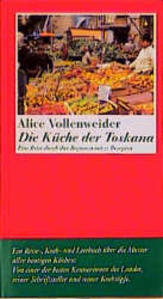 Seit 1533, als sich Caterina de Médici, begleitet von zahlreichen Köchen, nach Frankreich einschiffte, um den späteren König von Frankreich Henri I. zu heiraten, gilt die Küche der Toskana als die Mutter aller heutigen Küchen. Alice Vollenweider hat über diese Küche ein Reise-, Koch- und Lesebuch geschrieben. Antonio Tabucchi kocht sein bevorzugtes Gericht und philosophiert darüber, wie man den Körper verteidigt und zugleich die Welt versteht. Der Metzger Dario Cecchini verrät das Geheimnis des toskanischen Roastbeefs. Luciano Casini erläutert seine Vorliebe für Sardellen. Wir lernen die jüdische Küche Livornos kennen, das Olivenöl Luccas und die Florentiner Kutteln. Und wir können alle althergebrachten und noch heute beliebten häuslichen Gerichte nachkochen.