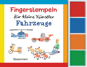 Das perfekte Mitbringsel für kreative Kids Hier bewegt sich viel! Mit diesem Fingerstempel- Set für unterwegs können sich Jungs ab 5 Jahren die Zeit kreativ vertreiben. Ein Blatt Papier, bunte Stempelkissen, einen Stift und die eigenen Finger: Mehr braucht es nicht, um Rennwagen, Hubschrauber oder Bagger in Bewegung zu versetzen. Im Buch wird Schritt für Schritt gezeigt, wie es geht. Und damit die kleinen Künstler gleich loslegen können, sind dem Anleitungsbuch vier Stempelfarben beigelegt. Wichtig: Diese Fingerstempelfarben wurden gemäß der europäischen Produktsicherheitsrichtlinien getestet und für unbedenklich eingestuft. Ein Effekt der immer höheren Sicherheitsanforderungen ist leider, dass sich die Farben schlechter abwaschen lassen. Mit etwas Speiseöl lassen sich die Farben (unserer Erfahrung nach) jedoch leichter von den Händen entfernen. Ausstattung: durchgehend vierfarbige Abbildungen