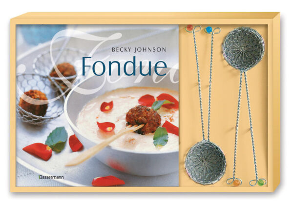 Fürs Fondue: Die Siebe werden gleich mitgeliefert! Hier wurde eine sehr gute und praktische Idee verwirklicht, denn zu diesem Buch mit den besten Fondue-Rezepten und passenden Dips werden die Fonduesiebchen gleich mitgeliefert. Damit man auf asiatische Art das köstliche Gargut aus der Brühe oder dem heißen Fett heben kann. Und damit der Nachbar nicht nimmt, was einem selbst gehört, haben die Siebchen verschiedene Farben. Für ein ungetrübtes Fondue-Vergnügen.