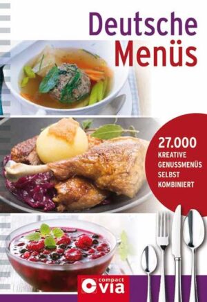 27.000 Menüs garantieren abwechslungsreichen Genuss! Die besten Rezepte aus der deutschen Küche lassen keine Langeweile auf dem Tisch aufkommen und treffen jeden Geschmack. Für jede Gelegenheit und jeden Geschmack lässt sich das perfekte Menü zusammenstellen: Je 30 Vorspeisen, Hauptgänge und Desserts auf einzeln umklappbaren Karten lassen sich nach Belieben kombinieren. Von einfach bis raffiniert – hier wird jeder zum passionierten Koch. Tipps zu Zutaten und Zubereitung sowie Nährwertangaben bieten wertvolle Zusatz-informationen. Indikatoren zu Schwierigkeitsgrad, Zubereitungszeit, Kalorien-Ampelsystem und Getränkeempfehlung zu den Hauptgerichtenerleichtern die Zusammenstellung des Menüs und bieten eine schnelle Orientierung auf einen Blick.