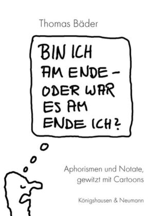 Thomas Bäder ist Künstler der Philosophie. Eine Kehrtwende auf seinem Lebensweg hat ihn zum Nachdenken über sich und die Welt gebracht. Alles, was ihn berührt, irritiert, anzieht oder abstößt, ihm befremdlich, widersprüchlich oder ambivalent erscheint, ist für ihn Ansporn, eine Klarheit herzustellen, die als Aphorismus ihren Weg dorthin finden soll, wo aller Weltschmerz seinen Ursprung hat: in der Seele eines Menschen. Die Liebe zur Klarheit der Worte, das Spiel mit der Doppeldeutigkeit und sein Humor, der auch eine schmerzliche Seite haben darf, sind die Markenzeichen von Bäders Aphorismen. Illustriert mit zahlreichen Cartoons des Künstlers.