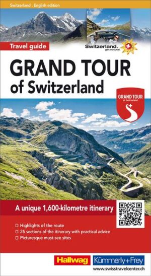 Die Grand Tour of Switzerland ist eine Entdeckungsreise, welche die Highlights der Schweiz auf einer Reise vereint. Um die Schweiz zu kennen, muss man sie immer wieder von einer andern Seite sehen. Gelegenheit dazu bietet eine Traumstrasse durch die ganze Schweiz – die „Grand Tour of Switzerland“. Es ist eine Route von über 1600 km Länge, entlang der beeindruckenden Kulisse von Naturschönheiten. Sie führt an Seen und an verträumten Ecken vorbei, gibt bei Alpenpässen stupende Ausblicke frei und lässt auch kulturelle und landschaftliche Höhepunkte von 11 UNESCO-Welterbestätten und 2 Biosphären nicht aus. Der Touring Guide „Grand Tour of Switzerland“ von 288 Seiten Umfang berichtet über Touren-Highlights, bringt Tipps zu den 25 Streckenabschnitten und zeigt die Top-Sehenswürdigkeiten. Dem Reiseführer ist eine Karte Schweiz 1:500 000 beigelegt.