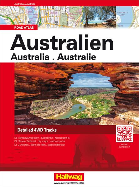 Atlas Australien 208 Seiten, Kartenübersicht mit Seitenverweisen, Liste der Nationalparks mit touristischen Einrichtungen, Strassenkarten mit Sehenswürdigkeiten: Queensland, New South Wales, Victoria, Tasmania, South Australia, Western Australia, Northern Territory, Stadtpläne mit Durchgangsstrassen, Index, Distanzentabelle. Format 25,2 x 34,5 cm, Spiralbindung, laminiert