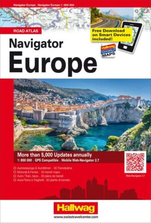 Navigator Europa 1:800 000 Lieferbar als Multimedia-Version für Smartphone oder Tablets* Atlas produziert aus georeferenzierten und digitalen Daten. GPS tauglich. * Mit dem Kauf eines Navigator Europa erhalten Sie kostenlos einen Code, mit welchem Sie die Europa-Strassenkarte 1:800 000 auf Ihr mobiles Gerät laden können. Die digitale Version des Atlas ist ein Jahr ab dem Download-Datum gültig! Atlas: 440 Seiten, Reiseinformationen, Mobile WEB-Navigator 2.6 Europa: Mehr als 1'500 relevanten Internet-Adressen in 47 Ländern zum Planen und Reservieren für Ihre Reise (Hotels, Autovermietung, Fähren, Bahn, Bus, Airlines, Tourismus-Organisationen, usw.). Direkt via Mobile abrufbar! Distanzentabelle, 12-sprachige Legenden, Übersichtskarten 1:4,5 Mio., Strassenkarten 1:800 000, Planungskarten 1:5 Mio. mit Autoreisezügen und Autofähren, 30 Transitpläne, Index. Format: 19 x 29 cm.