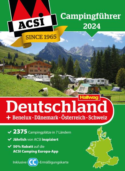 Der ACSI-Campingführer Deutschland 2024 (inkl. Benelux, Dänemark, Österreich, Schweiz) mit 2380 Campingplätzen ist das optimale Hilfsmittel für die Vorbereitung Ihrer Campingferien in Deutschland und Umgebung. Akribisch recherchierte Campingplätze in 7 Ländern werden im Führer mit wichtigen Merkmalen pro Platz wiedergegeben. Rund 300 ACSI-Prüfer sind Jahr für Jahr vor Ort und sorgen dafür, dass die veröffentlichten Aussagen ihre Richtigkeit haben. Mit der integrierten CampingCard profitieren Sie zudem von Rabatten in der Nebensaison. Das Ortsverzeichnis auf der Rückseite wird durch Sehenswürdigkeiten, Seen, Flüsse, Pässe, Ausflugsziele und Berggasthöfe ergänzt. Dank den übersichtlichen Informationen, der herausnehmbaren Landkarte sowie den GPS-Koordinaten finden Sie sicher den für Sie perfekten Campingplatz.