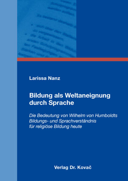 Meist verwenden wir unsere Sprache ohne viel über sie nachzudenken. Doch ist Sprache nicht mehr als nur ein Mittel zur Verständigung? Die vorliegende theoretische Studie geht der Frage Welche Rolle spielt Sprache für die (religiöse) Bildung? nach, indem sie ausgehend von Wilhelm von Humboldts Bildungs- und Sprachverständnis Impulse erarbeitet, die für religiöse Bildung heute relevant sind. Eine Religionspädagogik, die die Bedeutung der religiösen Sprache gezielt für ihre Theoriebildung in den Blick nimmt, eröffnet Perspektiven, die zu einem vertieften Verstehen im Religionsunterricht führen, das als Weltaneignung durch Sprache beschrieben werden kann.