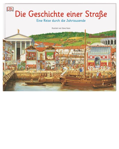 Dieses innovative Geschichtsbuch für Kinder erklärt Historisches mithilfe szenischer Zeichnungen in supergroßen Bildern. 13 geschichtliche Veränderungen werden aus einer einzigartigen Perspektive heraus gezeigt – nämlich als Entwicklungen, die sich im Laufe der Jahrtausende auf einer Straße abspielten. Das detailreiche, äußerst aufwendige Sachbuch ist im Stil eines lebendigen Wimmelbilderbuchs gestaltet. Es ist der beliebte DK- Klassiker im eindrucksvollen Querformat. Der SPIEGEL empfiehlt es als eines der besten historischen Bücher für Kinder. Hier gibt’s Geschichte zum Entdecken! Kinder kommen mit auf eine unvergessliche Reise durch die Zeit: Wer schlug in der Steinzeit auf dieser Straße sein Lager auf? Wie wurde dort später ein mittelalterliches Dorf erbaut? Wie veränderte die Industrialisierung das Leben auf dieser Straße? Und wie entstanden die pulsierenden Metropolen von heute? Es wird gestöbert, gestaunt und als schönes Extra in jedem Bild ein versteckter Zeitreisender aufgespürt. Das Geschichtsbuch der anderen Art informiert auf diese Weise unterhaltsam über den Alltag der Menschen in vergangenen Zeiten. Die außergewöhnlichen Wimmelbilder in diesem Geschichtsbuch sind dem Erfolgsillustrator Steve Noon zu verdanken. Er gehört zu den herausragenden Illustratoren unserer Zeit und besitzt ein Auge fürs Detail. Noons filigrane und spektakuläre Werke wurden bereits mehrfach ausgezeichnet. Auch für bekannte DK- Bücher wie "Wie war’s früher?" hat er den Stift gezückt. Im neu aufgelegten Klassiker "Die Geschichte einer Straße" beeindruckt er nun wieder mit seinen charakteristischen Wimmelbildern. Spannend und informativ – nicht nur für Kinder! • Balance aus Bild und Text: Detailreich illustriert und mit bemerkenswerten Fakten über die Bewohner und ihren Alltag unterstützt, wird das Leben der jeweiligen Epoche greifbar. So erfährt der Leser, welchen Menschen man in jeder Epoche begegnen konnte, welche Berufe sie hatten und welche Regeln und Gesetze galten. • Imposante Doppelseiten: Ob griechischer Tempel, römische Therme, mittelalterliche Burg, Bahnhof oder ein Hochhaus: jedes Motiv wird auf einer beeindruckenden Doppelseite ausführlich vorgestellt. • Witziges Zeitreise- Quiz: Besonderer Spaß für Kinder mit Adleraugen! In den Wimmelbildern müssten bestimmte Personen oder Dinge aufgespürt werden. Das sorgt für noch mehr Abwechslung beim Lesen! Dieses Buch ist bei Antolin.de verfügbar.