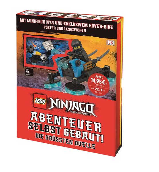 Jetzt zum einmaligen Sonderpreis von 14,95 € statt 22,€! Ein eigenes Ninja- Abenteuer erleben? Dieses tolle LEGO® NINJAGO® Geschenk- Set im hochwertigen Schuber macht’s möglich! Das Set zur beliebten LEGO® Themenwelt beinhaltet: exklusive Minifigur & Modell zum Zusammenbauen aus 72 LEGO® Steinen, LEGO® NINJAGO® Buch mit einer spannenden Geschichte, 50 Bauideen für die eigene LEGO® Sammlung, zwei Lesezeichen und ein Poster. Die einfach gemachten Bauideen im Stil der LEGO® Ideen Bücher animieren in fünf Kapiteln zum Nachspielen der Abenteuer. Das perfekte Geschenk für kleine Fans! Nya, Lloyd, Kai, Jay und Cole sind ganz schön mutig: Ob fiese Schlangen der Anacondrai, Geisterarmee, Luftpiraten oder unheimliche Schlangen- Samurai – gemeinsam stellen sich die tapferen Ninjameister im LEGO® NINJAGO® Buch bekannten Schurken und sogar brandneuen Gegnern aus den aktuellen TV- Staffeln wie Garmadons Motorrad- Gang. Um all diese spannenden Abenteuer selbst nachzubauen, finden kleine Nachwuchs- Ninja hier kreative, leicht umzusetzende Anleitungen für Fahrzeuge, Figuren oder Bauwerke. Sie alle lassen sich mit vorhandenen LEGO® Sammlungen nachmachen und dienen als wunderbare Inspiration für weitere eigene Kreationen. 2011 startete LEGO® die Themenwelt LEGO® NINJAGO® – mit gigantischem Erfolg. Zu den Ninja- Helden, die sich in einer sagenumwobenen Welt gegen gemeine Bösewichte behaupten, gibt es zahlreiche Staffeln der beliebten TV- Serie und stets neue LEGO® Sets. Einmal selbst ein solcher Ninja sein, davon träumen viele Kinder. Dieses LEGO® NINJAGO® Buch erfüllt ihnen den Herzenswunsch. Möge das Abenteuer beginnen!