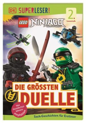 Lesen lernen mit den mutigen LEGO® NINJAGO® Helden Bist du bereit für die spannendsten Duelle der mutigen Ninja- Freunde Cole, Jay, Lloyd, Kai, Nya und Zane? Mit diesem SUPERLESER!- Erstlesebuch erleben Leseanfänger die größten Herausforderungen & härtesten Gegner der Ninja. Die 64- seitige Sachgeschichte mit Quiz und Lesebändchen eignet sich perfekt zur Leseförderung. Mit kurzen Kapiteln, einfachen Wörtern, klarer Gliederung, großer Fibelschrift, tollen Fotos und Sachseiten mit jeder Menge spannendem Hintergrundwissen macht Lesen üben Spaß! Buch zur Leseförderung ab der 1./2. Klasse (2. Lesestufe) Dieses Erstlesebuch bietet spannende Ninja- Geschichten mit den beliebtesten Gegnern aus der LEGO® NINJAGO® Welt – darunter die fiesen Schlangen der Anacondrai, die Geisterarmee, die unheimlichen Vermillion, die Luftpiraten und Garmadons Motorrad- Gang. Auf ins Abenteuer! 2. Lesestufe für Erstleser • Ab der 1./2. Klasse • Klare Gliederung, einfache Wörter, kurze Kapitel • Große Fibelschrift Die schlauen Erstlesebücher der SUPERLESER!- Reihe Alle DK Erstlesebücher aus der beliebten SUPERLESER!- Reihe laden Leseanfänger zur intensiven Beschäftigung ein. Ein kluges Konzept zur idealen Leseförderung: • Kombination aus Sachund erzählendem Buch • Altersgerechte Leseförderung. • Unterschiedliche Lesestufen. • Kniffliges Quiz. • Besondere Extras. • Wissenswertes für Eltern. • Praktisches Lesebändchen. Aufgepasst, liebe Bücherwürmer: Mit den SUPERLESER- Erstlesebüchern macht Lesen riesigen Spaß! Dieses Buch ist bei Antolin.de verfügbar.