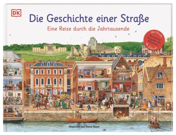 Eine Reise durch die Jahrtausende in Wimmelbildern Dieses detailreiche Wimmelbuch für Kinder zeigt Leser*innen ab 6 Jahren das Alltagsleben der Menschen vergangener Zeiten. Wie lebten sie damals? Was haben sie gearbeitet und wie verbrachten sie ihre Freizeit? 14 atmosphärische Bilder vom preisgekrönten Illustrator Steve Noon laden zum Entdecken und Staunen ein. Für noch mehr Suchspaß sorgt der Zeitreisende Tim Tempus, der in jedem Bild aufgespürt werden muss. Wie verändert sich eine Straße über die Jahre? Der populäre DK- Kinderbuch- Klassiker im frischen Layout! Die detailreichen und filigranen Illustrationen vom Erfolgsillustrator Steve Noon zeigen eindrucksvoll die Entwicklung einer Straße im Lauf der Jahrtausende – von der ersten einfachen Steinzeit- Siedlung über eine florierende Römer- Stadt bis zur Hightech- Metropole der Zukunft. Die quirligen Szenen erwecken den damaligen Alltag zum Leben und enthüllen spannende und auch unterhaltsame Details – ob einen Mann auf dem Nachttopf oder den Zeitreisenden Tim Tempus, der sich auf jedem Bild versteckt. • 14 szenische Bilder laden zum Erkunden des damaligen Alltagstreibens rund um eine Straße ein – von der Steinzeit über unsere Zeit bis in die Zukunft. • Kurzweilige Geschichte für Kinder: Wie sah ein Markttag im Mittelalter aus? Was geschah, als die Wikinger die Stadt eroberten? Warum brach die Pest aus? Mit diesem Wimmelbuch erfahren Kinder spielerisch spannende historische Fakten. • Komplett überarbeitetes Layout: Kräftigere Farben und rahmenlose Bilder mit detailreichen Illustrationen lassen einen direkt in das historische Geschehen eintauchen. • Neue Extra- Seite: Flugtaxis, Wasserkollektoren und Dachgärten auf Wolkenkratzern – eine fantastische Extra- Seite gibt spannende Einblicke in die Zukunft. Geschichte zum Entdecken! In diesem sensationellen Sachbilderbuch erleben Kinder Geschichte anhand einer Straße im Laufe der Zeit so anschaulich und lebendig wie nie.