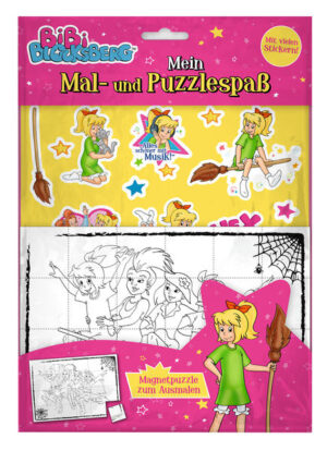 „Eeene meene grünes Gras, hier gibt’s Malund Puzzlespaß! Hex- hex!“ Dieses total verhexte Set bietet dir Mal- , Puzzleund Stickerspaß in einem. Wunderschöne Motive von Bibi Blocksberg und ihren Freunden warten darauf, von dir ausgemalt zu werden. Mit den beigefügten Stickern kannst du die Bilder im Anschluss noch verzieren. Und das Beste: Auch ein Magnetpuzzle zum Ausmalen und Zusammensetzen ist in diesem genialen Set enthalten. Inhalt • 8 Ausmalseiten • 1 Stickerbogen mit 20 Stickern • Magnetpuzzle zum Ausmalen (ca. 20 cm x 14,8 cm)