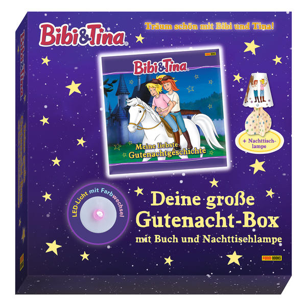 Dieses wunderschöne Set enthält alles für süße Träume - ein Buch mit einer spannenden Gutenachtgeschichte und eine tolle Nachttischlampe zum Selbstzusammenbauen. Und das geht ganz einfach: Male zuerst die Motive von Bibi und Tina auf den Lampenschirmen aus, stecke die Holzständer zusammen, stelle das LED- Licht darauf und füge den Lampenschirm hinzu. Schon hast du stimmungsvolles Licht in deinem Zimmer. Mach es dir dann mit dem Gutenachtgeschichtenbuch gemütlich und begleite Bibi, Tina und Alexander bei ihrer aufregenden Schatzsuche in einer Burgruine. In der Box enthalten: ein Buch, ein Lampenfuß aus Holz und zwei Lampenschirme zum Bemalen, vier Filzstifte, ein LED- Licht mit Farbwechselfunktion. Es wird eine CR2032- Batterie benötigt (im Lieferumfang enthalten).