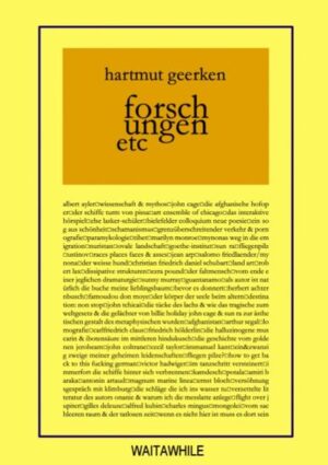 Über 30 Jahre hat sich Hartmut Geerken als Autor, Komponist, Musiker und Herausgeber für die Kunst verdient gemacht. 63 Texte laden dazu ein, das vielschichtige Werk des Autors kennen zu lernen. Namen wie John Cage, Deleuze, Marilyn Monroe, Coltrane, Bloch, Hölderlin, Pound, Sun Ra, Lester Bowie u.v.a. sind Bestandteil dieses Werks.