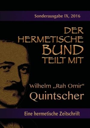 Diese Sonderausgabe über Wilhelm Quintscher beinhaltet neben einer vollständigen Biografie ein Original aus seinen Händen, das er im Jahre 1943 schrieb, weil er nach langen Diskussionen mit Franz Bardon endlich einsah, dass es ohne seelische Wandlung und Vergöttlichung keinen Fortschritt in der magisch- mystischen Entwicklung gibt. Dieses Werk war sozusagen eine Kehrtwende zu seiner bis dato existierenden Philosophie „Schlag solange auf das Böse ein, bis es Licht blutet!“