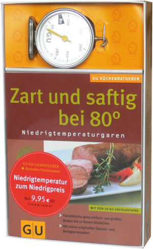 Schön saftig, unvergleichlich zart und garantiert sanft auf den Punkt gegart: so schmeckt Fleisch und Geflügel nach der 80-Grad-Methode. Und so einfach geht`s: Fleisch gut anbraten, im Backofen bei 80 Grad je nach Rezept schonend garen und nach Ende der Garzeit sofort servieren. Und sollten die Gäste sich verspäten, macht eine halbe Stunde, die das Fleisch länger im Ofen bleibt, gar nichts. Mit Niedrigtemperatur gelingt es ganz bestimmt. Der Doppelpack für mehr Abwechslung, mehr Genuss und mehr Kochvergnügen! Der Doppelpack enthält: 1 GU Küchenratgeber "Zart und saftig bei 80°" 1 Backofenthermometer. Mit dem Backofenthermometer und dem Küchenratgeber wird das Garen von Fleisch ein Kinderspiel. Anhand der hervorgehobenen 80° Markierung auf unserem Backofenthermometer lässt sich schnell und auf einen Blick prüfen, ob der Braten auch wirklich bei perfekter Temperatur gart.