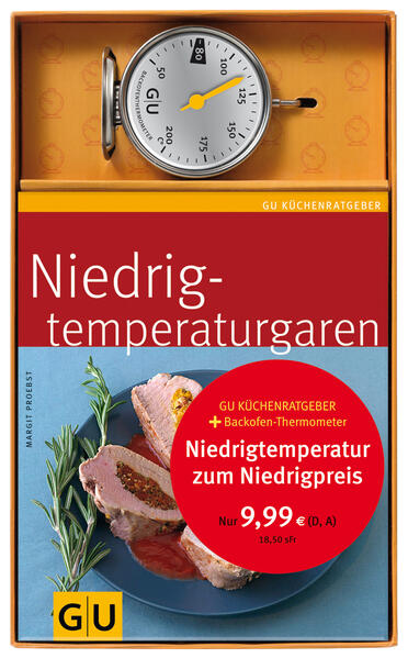 Nach dem Bestseller Zart und saftig bei 80° legt Erfolgsautorin Margit Proebst nach. Über 30 köstliche Fleischgerichte und dieses Mal sogar auch Fisch, die ganz einfach und auf den Punkt gelingen. Niedrigtemperaturgaren ist der Schlüssel zum Küchenerfolg! Ganz sanft und schonend garen die guten Stücke wie von alleine im Ofen, während man sich schon um seine Gäste kümmern kann. Rezepte für 2, 4 oder auch 8 Personen garantieren Genuss im kleinen und großen Kreis. Für perfektes Gelingen gibt es zusätzlich die Garzeitentabelle und für den perfekten Rundumgenuss Zusatzrezepte für leckere Saucen. Der Doppelpack enthält: 1 GU Küchenratgeber Niedrigtemperaturgaren und 1 Backofenthermometer. Mit dem Backofenthermometer und dem Küchenratgeber wird das Garen von Fleisch ein Kinderspiel. Anhand der hervorgehobenen 80° Markierung auf unserem Backofenthermometer lässt sich schnell und auf einen Blick prüfen, ob der Braten auch wirklich bei perfekter Temperatur gart.