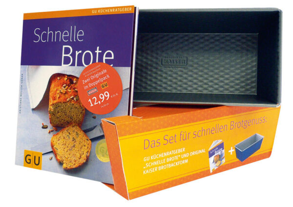 Vergessen Sie (fast) alles, was Sie bisher über Brotbacken gehört oder gelesen haben. Unsere schnellen Brote müssen nämlich nicht stundenlang ruhen und mehrmals geknetet werden. Sie kommen schon nach einer guten Stunde duftend aus dem Ofen. Einfach den Vorrat mit Mehl, Salz, Öl, Zucker, schnellen Treibmitteln und Lieblingskräutern und -gewürzen bestücken, auf ausreichend Wärme und Flüssigkeit bei der Verarbeitung achten und schon ist der Brotteig fertig für die Form: Feine Brote für jeden Tag, würzige Brote mit Kräutern und Gewürzen und süße Brote für Frühstück und Kaffee. Und das Beste: Die passende Brotbackform haben wir für Sie schon dazu gepackt: Die Original Kaiser Backform mit sauerteigbeständiger Beschichtung. Das Set enthält: 1 Küchenratgeber Schnelle Brote und 1 Original Kaiser Backform