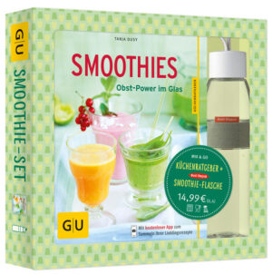 Perfekte Kombi: Smoothie Rezepte - mit passender Smoothie Flasche to go!Mal ehrlich: Schaffen Sie es, fünfmal am Tag eine Portion Obst oder Gemüse zu essen? Diese Empfehlung ist für alle, die auf gesunde Ernährung setzen, sicherlich sinnvoll. Aber trotz aller guten Vorsätze ist sie im Alltag eher schwer durchzuhalten. Da kommt der Smoothie Trend gerade recht! Denn ganz gleich, ob Sie ihren Stoffwechsel ankurbeln, gesund abnehmen möchten oder den sanften Einstieg in eine Ernährungsumstellung suchen - mit den bunten, sonnigen Vitaminbomben aus dem Glas haben Sie den perfekten Powerdrink, um sich abwechslungsreich zu ernähren und Ihrem Körper Gutes zu tun. Sie brauchen nur einen leistungsfähigen Standmixer oder Smoothie Maker, die es inzwischen in Kaufhäusern und Haushaltswarenläden in großer Auswahl gibt. Genauso wichtig aber sind leckere Rezepte, mit denen Sie ganz leicht Smoothies selber machen können. Aus gesundem Raw Food wie Obst, Gemüse und Kräutern und aus frischen Zutaten, die jeder von uns meist sowieso zu Hause hat! Das ideale Set: Smoothie Rezepte plus Trinkflasche: Ob Bananen Smoothie, Spinat Smoothie, Apfel Smoothie oder Himbeer Smoothie: in den Smoothie Mixer kommt nur das, was Ihnen am besten schmeckt. Dafür finden Sie im GU Kombi-Set Smoothies eine Riesenauswahl neuer, köstlicher Rezepte, von fruchtig und cremig bis exotisch und ausgefallen. Das praktische an diesem Set: Es liefert zum GU KüchenRatgeber Smoothies - Obst-Power aus dem Glas zum günstigen Preis auch noch die hochwertige Trinkflasche mit dazu! So können Sie Ihren Lieblings-Smoothie jederzeit überall hin mitnehmen. Smoothies selber machen - unkompliziert und lecker: Hauptzutat für die neuen Smoothie Rezepte der Smoothie-Expertin und GU-Erfolgsautorin Tanja Dusy ist fruchtiges Raw Food quer durch den Obstgarten: Brombeeren, Himbeeren, Heidelbeeren für den Beeren Smoothie zum Beispiel, junges knackiges Gemüse für grüne Smoothies wie den Spinat Smoothie „Popeyes Liebling“, Superfood wie Heidelbeeren, Schokolade oder Mandeln für die gesunde Ernährung. Und natürlich vitaminreiche, frische Früchte, Gemüse und Kräuter für den Detox Smoothie. Dabei ist durchaus Experimentierfreude angesagt! Denn viele der Smoothie Rezepte schmecken nicht nur zum Frühstück, sondern eignen sich auch perfekt als blitzschnelles Dessert oder sogar als raffinierter Aperitif für ein Essen für Gäste: Die Fruchtigen: z. B. Ananas-Kiwi-Smoothie, Pfirsich-Mango-Smoothie, Kaki-Möhren-Smoothie, Tropical Smoothie, Holler-Birnen-Smoothie, Citronello Sour Die Cremigen: z. B. Süßes Mandelinchen, Melba-Smoothie, Blueberry Sky, Kirsch-Schoko-Smoothie, Bananen-Safran-Lassi, Papaya-Kokos-Smoothie, Bratapfel-Smoothie, Rhabarbapapa Die Ausgefallenen: z. B. Popeyes Liebling (mit Avocado und Babyspinat), Mister Mintzz (mit Gurke und Minze), Lucky Litschi (mit Litschi, Kirschnektar und Zitronensorbet), Bitter-Melon (mit Wassermelone, Erdbeeren und Crodino), Peggy Peanut (mit Joghurt und Erdnussmus) Das perfekte Set für die gesunde Ernährung: Mit der Kombi aus Buch und Trinkflasche lassen sich leckere Rezepte für Smoothies jetzt einfach und jederzeit unterwegs genießen. Die schicke Smoothie Flasche von Rosti Mepal ist besonders praktisch und ideal für alle, die gesunde Ernährung schätzen. Die Smoothie Flasche ist auslaufsicher, komplett spülmaschinenfest und kann beliebig oft wieder befüllt werden. Der Gesundheit zuliebe besteht sie aus hochwertigem, BPA (Bisphenol A)-freiem Kunststoff und enthält keine Weichmacher, ist also umweltfreundlich. Purer Genuss to go! Das Smoothie-Set von GU auf einen Blick: Das erste Buch-plus-Set zum Trendthema Smoothie: Die praktische Kombination aus Buch und hochwertiger Rosti Mepal Smoothie Flasche - damit haben Sie Ihren Lieblings-Smoothie jetzt immer dabei. Und gleich noch die perfekte Geschenkidee für alle, die gesunde Ernährung und Fitness schätzen! Gesunde Ernährung to go: Mit der Kombi aus Buch und stylischer Smoothie Flasche können Sie Smoothies selber machen und jederzeit unterwegs genießen - vital, gesundheitsbewusst und umweltfreundlich. Smoothie Genuss für jeden Tag und jede Gelegenheit: Bunte, gesunde Smoothie Rezepte für unterwegs und für zu Hause, ob als Frühstück oder Snack, leichte Mahlzeit oder raffinierter Auftakt für ein Essen für Gäste. Von fruchtig bis cremig und ausgefallen: leckere Rezepte für Smoothies zum gesund Abnehmen und Genießen!