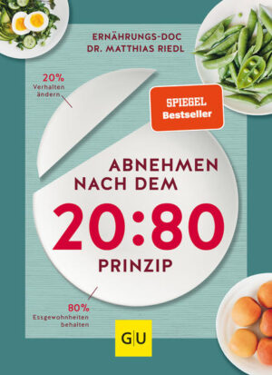 Das 20:80-Prinzip - endlich erfolgreich abnehmenSie möchten überflüssige Kilos loswerden? Und das ganz ohne lästige Jojo-Spielchen? Mit „Abnehmen nach dem 20:80-Prinzip“ bringt Sie Dr. Matthias Riedl endlich auf Erfolgskurs. Der bekannte Ernährungs-Doc aus dem TV hat anhand neuester ernährungswissenschaftlicher Kenntnisse einen Ernährungsplan aufgestellt, mit dem Sie gesund abnehmen. Und zwar genau Sie - denn das 20:80-Prinzip funktioniert ganz individuell. Hungern, einschränken, verbieten? Diese Worte gehören nicht ins Konzept. Sie behalten 80 Prozent Ihrer Essgewohnheiten bei und ändern nur 20 Prozent Ihres Verhaltens. So werden und bleiben Sie auf Dauer schlank! Der Ernährungsplan für gesundes Abnehmen: Ihr Buch auf einen BlickDas erwartet Sie im GU-Buch „Abnehmen nach dem 20:80-Prinzip“: Theorie - Einführung: Wie das völlig neue Abnehmprinzip funktioniert und worauf Sie achten sollten Theorie - Ernährungs-Analyse: Selbstcheck in Sachen Ernährung, den eigenen Esstyp bestimmen und danach handeln lernen Theorie - Abnehmplan: Gewohnheiten ändern mithilfe des individuellen Ernährungsplans, Tipps und Tricks für kleine Krisen, detaillierte Einkaufsliste für Vorräte, Beispiel-Essensplan für die erste Woche und noch mehr Abspeck-Know-how Rezepte - Frühstück: Schlankes Knuspermüsli, Hüttenkäsecreme mit Beeren, Kokos-Skyr mit Obstsalat und mehr Rezepte - Zwischenmahlzeiten: Gemüse-Hack-Bällchen, Mediterrane Paprikaröllchen, Mango-Curry-Eier und mehr Rezepte - kalte Hauptmahlzeiten: Avocadosalat mit Hähnchen, Mediterraner Kichererbsensalat, Italienischer Brokkolisalat und mehr Rezepte - warme Hauptmahlzeiten: Kürbissuppe mit Saté-Spießen, Tomatensuppe mit Pinienkernen, Cremige Topinambursuppe und mehr Rezepte - Desserts: Leichtes Tiramisu, Kokoscreme mit Mango, Quarkcreme mit Pfirsich und mehr Erfolgreich abnehmen: Welcher Esstyp sind Sie?Wussten Sie, dass es verschiedene Esstypen gibt? Dürfen wir vorstellen: Der Esspraktiker möchte günstig und schnell an seine Speisen kommen. Der Feinschmecker probiert gern Neues aus, legt Wert auf Qualität und nimmt sich Zeit für gutes Essen. Der Natürlich-Esser setzt auf gesund und biologisch. Beim Kaloriensparer dreht sich alles ums Kalorien-Zählen Und der Gewohnheitsesser hat festgefahrene Verhaltensmuster. Nur, wenn Sie wissen, welche Gewohnheiten Sie bisher an den Tag gelegt haben, finden Sie heraus, was Sie in Zukunft ändern sollten und was Sie beibehalten möchten. Welcher Typ Sie sind, was Sie richtig und was Sie falsch machen, erklärt Dr. Matthias Riedl in „Abnehmen nach dem 20:80-Prinzip“. Mit seinen Tipps und Tricks lernen Sie, langfristig abzunehmen - ohne sich dabei zu quälen. Analysieren Sie sich und Ihre Ernährung mit diesem Buch. Nach und nach stellen Sie mithilfe dieses Ratgebers Ihre (realistischen) Ess-Ziele zusammen. Gesund abnehmen: Ihr eigener ErnährungsplanEine für alle und alle für eine - bei Diäten funktioniert das nicht. Unser Mediziner und Autor Dr. Riedl ist überzeugt davon, dass jeder Mensch seinen eigenen Ernährungsplan braucht. Sicher haben Sie schon das ein oder andere Abspeckprogramm ausprobiert und danach Bekanntschaft mit dem Jojo-Effekt gemacht. Ein Grund dafür: Jeder hat seine (Ess-) Gewohnheiten, zu denen er früher oder später zurückkehrt. Diese Vorlieben (z. B. das Marmeladenbrötchen zum Frühstück) wollen wir Ihnen mit dem GU-Buch „Abnehmen nach dem 20:80-Prinzip“ gar nicht nehmen, sondern sie nur ein bisschen zurechtschrauben (z. B. einen Teil der Marmelade auf dem Brötchen durch eiweißreichen Quark ersetzen). Und zwar ganz behutsam. Langfristig abnehmen: Tipps und Tricks für gesundes (Satt-) EssenDas Wichtigste am 20:80-Prinzip ist, dass Sie nicht hungern. Der Schlüssel zum Erfolg: Sattessen! Mit viel Eiweiß, Gemüse, gesunden Fetten und weniger Kohlenhydraten klappt das supereinfach. Dr. Matthias Riedl erklärt ganz genau, welche Lebensmittel wie viel Eiweiß enthalten und dadurch ordentlich satt machen. Der speziell für Sie entwickelte Essplan für die erste Woche bietet dann eine gute Starthilfe ins Abnehmprogramm. Montags geht es zum Beispiel los mit Vollkornbrot und Käse-Skyr-Apfel-Belag, mittags gibt’s „Ofengemüse mit Hüttenkäse“ und abends „Lauchsuppe mit Pilzen und Hackfleisch“. Alle Rezepte dazu und viele weitere Gerichte finden Sie natürlich im GU-Buch „Abnehmen nach dem 20:80-Prinzip“. Hier fällt der Startschuss in ein schlankes Leben. Wir wünschen Ihnen viel Erfolg auf Ihrem Weg zum Wunschgewicht!