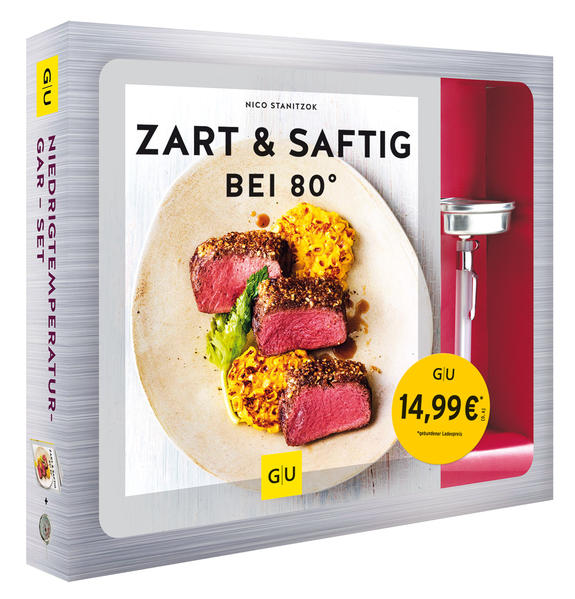 Fleisch perfekt gegart mit dem Niedrigtemperatur-SetDieses Buch ist genau das richtige für sie, wenn Sie sofort mit dem Kochen loslegen wollen. In dem Set ist nämlich das benötigte Thermometer schon dabei! Damit klappt schon der erste Versuch - garantiert! mithilfe des Sets die zartesten Gerichte auf den Tisch bringen wollen, mit einfachsten Mitteln und leicht verständlichen Rezeptideen. Mit dem Niedrigtemperatur-Set ist dem Autor Nico Stanitzok ein wahres Küchen-Meisterwerk gelungen. Der gelernte Koch, Blogger und vor allem Genießer schwört auf die sogenannte Niedrigtemperaturmethode. Der wohl größte Vorteil dieser Kochvariante ist, dass Fleisch und Fisch besonders sanft gegart werden und so schön saftig bleiben. Das Fleisch wird bei dieser Methode bei etwa 80 Grad im Ofen zubereitet, wodurch es seine Saftigkeit und sein Aroma nicht verliert und am Ende absolut perfekt schmeckt. Damit ist ein köstlich Festmahl im Handumdrehen zubereitet! Was alles in dem Niedrigtemperatur-Set enthalten istIn dem Set ist ein hochwertiges Fleischthermometer enthalten. Es ist leicht abzulesen und zeigt die perfekten Kerntemperaturen für verschiedene Fleischsorten an - von Rind bis Schwein, von Fisch bis Geflügel. So gehören zähes Fleisch und trockener Braten ab sofort der Vergangenheit an. Der Clou: Das Thermometer hat eine zweite Skala, die die Temperatur im Ofen anzeigt - damit hat man immer im Blick, ob die empfohlenen 80 Grad auch wirklich erreicht sind. Außerdem im Set: der GU Küchenratgeber Zart und saftig bei 80 Grad. Dieser Ratgeber bietet dem Hobbykoch die besten gelingsicheren Rezepte, von Schweineschulter in Senfwürze bis Zitronen-Puten-Spieße. Oder darf es heute Fisch sein? Bitte sehr - auch Forelle, Lachs & Co. bleiben dank der Niedrigtemperatur-Methode schön zart und saftig wie nie. Das perfekte Set für alle, die beim Thema Fleisch lieber kein Risiko eingehen - sondern auf garantierten Genuss setzen!