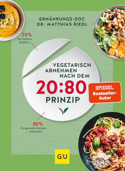 Abnehmen und dabei noch das Klima schonen? Nichts leichter als das mit köstlichen vegetarischen Rezepten zu Dr. Riedls bekanntem 20:80-Prinzip! Sie wollen jetzt endlich ein paar Pfunde abnehmen, haben aber genug von Low Carb, Keto und Paleo. Vielmehr schmecken Ihnen die klassischen Gerichte sehr gut und sie lieben Kreationen aus Gemüse? Dann machen Sie mit dem neuen Kochbuch „Vegetarisch abnehmen“ alles richtig. Der bekannte und renommierte Ernährungsmediziner Dr. Matthias Riedl erklärt, warum sich die vegane und vegetarische Ernährung so perfekt eignen, um Pfunde zu reduzieren. Diese Vorteile bietet Ihnen das Buch: Sie verstehen, wie das 20:80-Prinzip funktioniert Sie müssen nicht dauernd verzichten und hungern Sie kochen klima- und umweltfreundlich ohne Tier Sie nehmen langfristig und gesund ab Sie lernen Ihren Esstyp kennen Vollständiger Nährstoffcheck Wochenpläne Grundlagen kennen - köstlich Kochen Der Theorieteil des Buches ist übersichtlich, informativ und leicht verständlich. Sie erkennen genau, was eine gesunde Ernährung ausmacht und worin die Vorteile einer vegetarischen und veganen Ernährung liegen. Wer die Grundlagen kennt, kann sich völlig ohne Stress nachhaltig und köstlich ernähren. Dafür sorgt auch der umfangreiche Rezeptteil. Die 20:80-Rezepte Oft macht schon der Austausch von nur zwei Zutaten ganz viel aus. Statt Schoko-Crunchy-Müsli aus dem Supermarkt gibt es nussiges Eiweißmüsli oder statt Kalbsleberwurst gibt es Cashewaufstrich mit Schnittlauch. Die einfachen und schnellen Rezepte eignen sich perfekt für den Alltag und die ganze Familie. Probieren Sie unbedingt: Omelett mit Pilzen und Feta zum Frühstück Linsensuppe mit Nori-Algen zum Mittagessen Vollkorn-Spaghetti mit Lauchsahne zum Abendessen Bunte Burger-Bowl als kalte Mahlzeit Weißkohlsalat mit Möhren und Nüssen als Salat Käsekuchen mit Seidentofu und Beeren als Dessert Die Rezepte überzeugen durch neue Zutatenkombinationen, aromatische Würzungen und sind trotzdem alltagstauglich. Viele Mahlzeiten sind in gerade mal 30 Minuten gemacht und die Zutaten finden sich in jedem Supermarkt. Ganz egal ob großer oder kleiner Geldbeutel, jetzt müssen Sie sich nur noch für den Weg zum neuen Traumgewicht entscheiden!