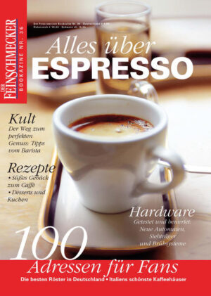 In dem Feinschmecker Bookazine Alles über EspressoUnverzichtbar für alle Liebhaber des perfekten Kaffeegenusses ist dieses Bookazine von DER FEINSCHMECKER. Über 100 Top-Adressen der besten Röstereien in Deutschland, wertvolle Tipps vom Barista und dazu Kuchen-, Gebäck- und Dessert- Rezepte zur Vollendung des Kaffeegenusses. Außerdem: Die neuesten Kaffeeautomaten und Brühsysteme - getestet und bewertet von DER FEINSCHMECKER.