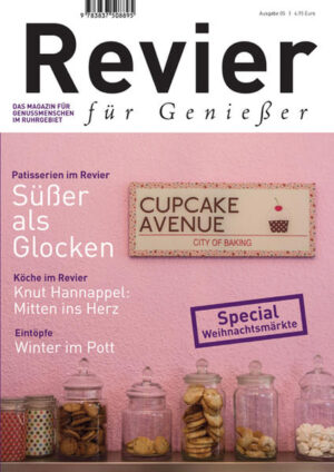 Entdecken Sie die Genussvielfalt des Ruhrgebiets: Wer hätte es gedacht: Die Patisserien im Revier sind süßer als Glocken und unbedingt empfehlenswert. In der Rubrik "Köche im Revier" lässt sich Knut Hannappel in den Topf gucken und passend zum Winter gibt es den Beitrag "Eintöpfe. Winter im Pott". Das Special im Heft widmet sich diesmal den Weihnachtsmärkten im Ruhrgebiet. Das und viel mehr bietet Heft 5 der Zeitschrift "Revier für Genießer". In diesem Sinne: Bleiben Sie hungrig!