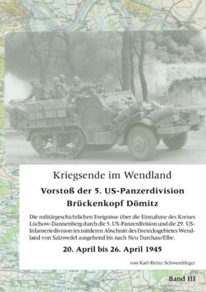 Grundlage dieser Abhandlung bilden die aus dem National-Archiv Washington/USA herausgesuchten und eingekauften Schrift- und Foto-Dokumente. Sehr hilfreich waren auch die freundschaftlichen Kontakte des Autors zu den Veteranenvereinen der Amerikaner, deren Mitglieder zum Teil sehr ausführliche Erlebnisberichte lieferten (kein Wunder: Die waren ja die Sieger, und sie werden zeit Lebens stolz darauf sein!) Von deutscher Seite waren weitaus weniger Beiträge in Form von Erlebnisberichten zu bekommen, schriftliche Dokumente und Doku-Fotos von deutscher Seite fehlen sowieso. Am 21. April 1945 um 6 Uhr früh begann der amerikanische Großangriff auf das Kreisgebiet Lüchow-Dannenberg. Die 84. US-Infanteriedivision erhielt den Auftrag, den östlichen Teil des Wendlandes zu besetzen und jeden Widerstand westlich des Elbufers niederzukämpfen.Die im Raum Salzwedel versammelten Einheiten der 5. US-Panzerdivision wurden beauftragt, ohne übliche Infanterie-Unterstützung (man verzichtete auf Infanterie-Unterstützung, weil der jämmerliche Zustand der deutschen Truppen bekannt war!) mit zwei parallelen Kolonnen nach Norden bis zur Elbe vorzustoßen. Gleichzeitig begannen zwei Regimenter (115. und 116. Rgt.) der 29. US-Infanteriedivision ab einer Ausgangslinie Rosche, Suhlendorf, Soltendieck zu Fuß von West nach Ost (quer zur Stoßrichtung der 5.¿Panzerdivision) ins Wendland vorzurücken. Die Infanterie hatte den Auftrag, das gesamte Gebiet und besonders die weiten Waldgebiete des Wendlandes nach deutschen Soldaten zu durchkämmen. Auf der linken Flanke ab dem Gefechtsstreifen des Britischen VIII. Korps (5. Britische Infanteriedivision) bis Neu Darchau an der Elbe. Auf der rechten Flanke ab Gefechtsstreifen der 84. US-Infanteriedivision mit der Elbefront bei Laase-Pretzetze-Grippel. Am 25. April fanden die letzten Kampfhandlungen im stark reduzierten „Brückenkopf Dömitz“ bei Damnatz hinter dem riesigen, äußerst gefährlichen Minenfeld statt. Danach war das Wendland vollständig von den Amis besetzt.Das erste Buch mit dem Titel Kriegsende im Wendland und mit dem Untertitel „Erlebte Geschichte. Eine zeitgeschichtliche Momentaufnahme.“ beinhaltet die persönlichen Erlebnisse des Autors in Form eines Gedächtnisprotokolls. Die militärgeschichtlichen Ereignisse werden in drei separaten Abhandlungen geschildert, alle unter dem Haupttitel Kriegsende im Wendland, jedoch mit folgenden Untertiteln:2. Buch „Brückenkopf Lenzen“,3. Buch „Vorstoß der 5. US-Panzerdivision, Brückenkopf Dömitz“,4. Buch „Gefangenenlager Gorleben“.Dieses ist das 3. Buch aus der Reihe der vier vorstehend genannten Bücher.