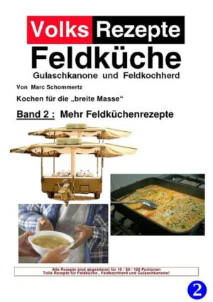 Volksrezpte, also Rezepte fürs Volk. Einfach zum nachkochen ohne viel Aufwand und Brimborium. Das ist der Sinn der hinter dieser Buchreihe steht. Im Zweiten Teil , Mehr Feldküchenrezepte, gibt es wieder eine reichhaltige Auswahl an Rezepten in Großmengen, bereits vorgerechnet für 10 / 50 / 100 Portionen. Diesesmal auch handfestere Speisen. Bei Grosseinsätzen oder Vereinsfesten wird immer wieder das selbe Repertoire an Speisen angeboten, was mir persönlich nicht viel Freude gemacht hat. Aus diesem Grund habe ich mich an meine Feldküche gestellt und drauflos gekocht, nicht ohne meine Rezepte festzuhalten und nun daraus den 2. Teil des Buches heraus zu geben.