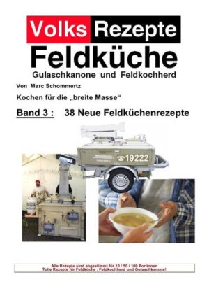 Volksrezpte, also Rezepte fürs Volk. Einfach zum nachkochen ohne viel Aufwand und Brimborium. Das ist der Sinn der hinter dieser Buchreihe steht. Im Zweiten Teil , Mehr Feldküchenrezepte, gibt es wieder eine reichhaltige Auswahl an Rezepten in Großmengen, bereits vorgerechnet für 10 / 50 / 100 Portionen. Diesesmal auch mit Allergiefreien Speisen ! Bei Grosseinsätzen oder Vereinsfesten wird immer wieder das selbe Repertoire an Speisen angeboten, was mir persönlich nicht viel Freude gemacht hat. Aus diesem Grund habe ich mich an meine Feldküche gestellt und drauflos gekocht, nicht ohne meine Rezepte festzuhalten und nun daraus den 3. Teil des Buches heraus zu geben. Aufgrund der großen Nachfrage nun 38 Rezepte zum alten Preis.