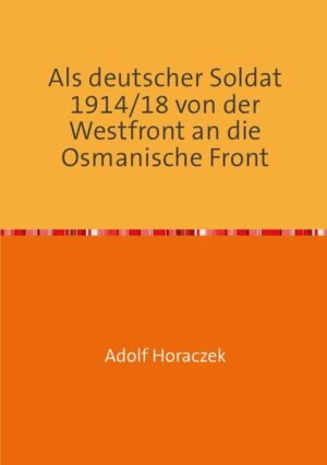 Adolf Horaczek war 22 Jahre alt, als er 1914 im I. Weltkrieg in einer Pioniereinheit in den Grabenkämpfen an der Westfront eingesetzt wurde. Er schildert als Zeitzeuge die erbarmungslosen Grabenkämpfe an der Westfront. Als kampferfahrener Freiwilliger wurde er wie viele andere deutsche Pioniere im Zuge der „deutsch/türkischen Waffenbrüderschaft“ in die Osmanische Armee abkommandiert. Er wurde an der Spitze der Halbinsel Gallipoli inmitten der tapferen türkischen Verteidiger eingesetzt, wo Engländer und Franzosen einen Brückenkopf gebildet hatten. Als die Verteidiger trotz des ständigen dreiseitigen Beschusses durch die Kanonen der feindlichen Kriegsschiffe standhielten, zogen die Invasoren besiegt ab. Der Autor wurde dann mit seiner Einheit in den Bereich des heutigen Iraks versetzt, um die Türken im Kampf gegen die vom Süden herandrängenden Engländer zu unterstützen. Der Autor gibt auch sehr anschauliche Einblicke in die frühen Luftkämpfe, denn er wurde als geschickter Schreiner auf Flughäfen eingesetzt, wo er aus abgeschossenen Flugzeugen neue Maschine einsatzfähig machen musste. Nach dem Sieg der Engländer über die Türken, war die deutsche Heeresgruppe nicht bereit zu kapitulieren, sondern zog sich zum Norden ins Armenische Taurusgebirge zurück. Dort nahm sie das Angebot der Engländer zum freien Abzug an, sofern sie sich zun Schwarzen Meer durchschlüge, wo man ihr im Hafen von Samsun ein Schiff für die Heimfahrt zur Verfügung stellen würde. Die Deutschen akzeptierten und machten sich mit etwa 1.000 Mann auf den schwierigen, gefahrvollen 1.400 km langen Weg, immer wieder überfallen von Arabern. Zunächst als lange Fahrzeugkolonne, dann aber ging das Benzin aus und es musste zu Fuss mit Ochsen und Kamelen weiter marschiert werden. Der abenteuerliche Marsch war so beschwerlich, dass am Ziel angekommen in Samsun noch 40 Soldaten an den Folgen der unglaublichen Strapazen vor Entkräftung starben. Unter allerlei Zwischenfällen wurden die Tausend Deutschen von Samsun in die Heimat zurückgeführt. Kennzeichnend für Adolf Horaczek ist, dass er nicht nur seine abenteuerlichen Erlebnisse, sondern immer auch Land und Leute, ihren Alltag, ihr religiöses Leben, ihre Kultur und Sitten sowie ihre oft so andersartige Mentalität beschreibt.