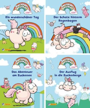 "Hinfallen, Horn richten, weitermachen!" Das ist das Motto von Theodor, dem knuffigen kleinen Einhorn mit den zwei Sternchen auf dem Rücken. Er lebt mit seinen Freunden in der Zauberwelt, und dort ist es fast wie im Paradies - es gibt sogar fliegende Süßigkeiten! In diesen Mini- Büchern werden vier Abenteuer von Theodor und seinen Freunden erzählt, die sie am Zuckersee, in den Zuckerbergen und natürlich beim bunten Regenbogen erleben. Wunderbare Illustrationen nehmen einen direkt mit in die farbenfrohe und zuckersüße Zauberwelt und machen Kindern und allen, die Einhörner lieben, Appetit auf mehr Lesefutter. Bestens geeignet zum Vorlesen oder zum ersten Selberlesen für Kinder von ca. 3- 8 Jahren. Das praktische Format ist ideal für unterwegs oder als kleines Geschenk. 4 fröhliche Geschichten rund um das beliebte Einhorn Theodor und seine Freunde von NICI: Ein wunderschöner Tag: Theodor verbringt einen tollen Tag mit seiner Freundin Rainbow Flair. Der Schatz hinterm Regenbogen: Theodor erfährt, dass ein Schatz nicht unbedingt etwas Materielles sein muss. Das Abenteuer am Zuckersee: Theodor und Little Cherry lernen, wie wichtig es ist, schwimmen zu können. Der Ausflug in die Zuckerberge: Bei einem Ausflug in die Berge merken Theodor, Trumpet Blast und Snow Coldson, wie wichtig es ist, anderen Bescheid zu geben, wohin man geht. Die Charactere: Theodor: Ein kleines, knuffiges Einhorn mit pinker Mähne. Er hat keine Flügel, fliegt aber gerne auf den Wolken. Süßigkeiten liebt er über alles. Rainbow Flair: Die beste Freundin von Theodor. Sie kann fliegen und hilft Theodor, wenn er in Schwierigkeiten ist. Merry Heart: Sie ist ein schüchternes Einhorn, in das Theodor ein bisschen verliebt ist. Sie kann die Herzenswünsche anderer erkennen. Sie ist die Schwester von Little Cherry. Carbon Flash: Er ist blitzgescheit und hilft anderen mit Rat und Tat. Er bringt mit seinen Glitzerpünktchen Licht ins Dunkel und kann mit seinen Blitzen die Wolken zum regnen bringen. Rainbow Bubble: Ein kleiner Wal, der gerne ein Einhorn wäre. Mit seinem Luftloch kann er bunte Luftblasen machen. Cloud Dreamer: Sie kann aus den Wolken andere Gegenstände formen und liebt es, zu dekorieren. Snow Coldson: Er kann Eis neu formen und Eisskulpturen gestalten. Little Cherry: Er findet immer die richtigen Pärchen. Er ist der Bruder von Merry Heart. Trumpet Blast: Er sorgt mit seiner Musik für gute Stimmung. Laguna Rider: Sie lebt im Zuckersee. Kann große Luftblasen machen, damit die anderen Einhörner auch unter Wasser atmen können. Chili con Charme: Er hat einen feurigen Atem und singt gerne mit Crystal Glory im Duett. Crystal Glory: Sie kann mit ihrem Atem Gegenstände einfrieren und singt gerne mit ihrer kristallklaren Stimme.