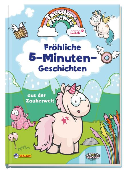 Das knuffige, beliebte Einhorn Theodor lebt mit seinem Freunden in der Zauberwelt. Hier ist es ein bisschen wie im Schlaraffenland, und Kinder haben Spaß daran. In diesem qualitativ hochwertigen Vorlesebuch sind NEUN liebevolle, fröhliche und kindgerecht- spannende Geschichten enthalten. Jede Geschichte hat einen pädagogischen Wert, es geht um Teilen, Freundschaft, Angst in der Dunkelheit, Toleranz oder füreinander da sein und etwas gemeinsam unternehmen. Die Texte eignen sich zum Vorlesen oder fürs erste Selberlesen. Mit einer Länge von etwa fünf Minuten sind sie auch ideal vor dem Schlafengehen. Theodor und seine Freunde erleben hier tolle Abenteuer in den Zuckerbergen, am Zuckersee, aber auch unter Wasser und im Wald. Und natürlich begegnen den Kindern hier die beliebten Kuscheltiere von der Firma NICI. Mit traumhaft schönen Illustrationen: Ein Spaß für kleine und große Einhorn- Fans! Die Charactere: Theodor: Ein kleines, knuffiges Einhorn mit pinker Mähne. Er hat keine Flügel, fliegt aber gerne auf den Wolken. Süßigkeiten liebt er über alles. Rainbow Flair: Die beste Freundin von Theodor. Sie kann fliegen und hilft Theodor, wenn er in Schwierigkeiten ist. Merry Heart: Ein schüchternes Einhorn, in das Theodor ein bisschen verliebt ist. Sie kann die Herzenswünsche anderer erkennen. Sie ist die Schwester von Little Cherry. Carbon Flash: Ist blitzgescheit und hilft anderen mit Rat und Tag. Er bringt mit seinen Glitzerpünktchen Licht ins Dunkel und kann mit seinen Blitzen die Wolken zum regnen bringen. Rainbow Bubble: Ein kleiner Wal, der gerne ein Einhorn wäre. Mit seinem Luftloch kann er bunte Luftblasen machen. Cloud Dreamer: kann aus den Wolken andere Gegenstände formen und liebt es, zu dekorieren. Snow Coldson: kann Eis neu formen und Eisskulpturen gestalten. Little Cherry: findet immer die richtigen Pärchen. Ist der Bruder von Merry Heart. Trumpet Blast: sorgt mit seiner Musik für gute Stimmung. Laguna Rider: lebt im Zuckersee. Kann große Luftblasen machen, damit die anderen Einhörner auch unter Wasser atmen können. Chili con Charme: hat einen feurigen Atem und singt gerne mit Crystal Glory im Duett. Crystal Glory: kann mit ihrem Atem Gegenstände einfrieren und singt gerne mit ihrer kristallklaren Stimme.