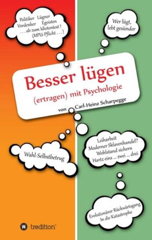 Ärgern Sie sich auch, wenn Sie merken, daß Sie belogen werden? Dann sind wir ja schon zwei. Haben Sie schon Ihre Methode gefunden, wie Sie mit solchen erkannten Lügen und Ihrem Ärger darüber umgehen?Mir hilft in solchen Situationen ein „Blick hinter die Kulissen“. Wenn ich mir das Warum und vielleicht sogar noch das Wie erklären kann, fühle ich mich nicht mehr so geklatscht hilflos oder wütend. Einige solcher Erklärungen für das, was wir gewöhnlich unter „Lügen“ zusammenfassen, finden Sie in diesem Buch. Wenn Sie darüber hinaus noch Psychologie in leicht zugänglicher, verständlicher Form mögen, halten Sie eine unterhaltsame Lektüre in der Hand. Ich bin Psychologe und ich versuche, mit diesem „Lügen-Buch“ einen Beleg dafür zu liefern, daß man sich auch als Psychologe ohne Fachkauderwelsch mitteilen kann. Fragen Sie sich manchmal auch, warum in der Öffentlichkeit so widersprüchliche Darstellungen geboten werden, daß einem nur noch der Gedanke an „wer soll das denn wieder ´mal glauben?!“ kommt? Mir geht es so und ich habe versucht, mit Augenzwinkern menschliche, einfache Erklärungen dafür zu finden. So nach dem Motto: „Politiker lügen zwar auffallend oft, aber auch sie sind letztendlich doch Menschen …“. Wenn mir dabei dennoch das Augenzwinkern vergangen ist, so lag das sicher nicht an meiner schlechten Kondition, sondern wohl mehr daran, daß zunehmend dreister, unerträglicher und immer bedrohlicher gelogen wird - und für solche bewußt zusammengesuchte Betrachtung bin ich denn wohl doch noch nicht verdummt und nicht mehr naiv genug. Und Sie?Der Autor ist diplomierter, praktisch arbeitender Psychologe. Trotz oder gerade wegen und durch seine intensiven fachlichen Tätigkeiten hat er sich den Blick für den Alltag bewahrt. Allein schon dadurch fand er Bestätigung dafür, daß die Welt offensichtlich voller offensichtlicher Lügen steckt, wobei wir jeder für sich selbst am besten und am intensivsten uns selber belügen und betrügen. Die tägliche Berührung mit diesen Tatsachen bleibt für ihn Thema des praktischen Psychologen, der er auch in Zukunft bleiben will. Da er sich gleichzeitig jedoch auch als mündigen Bürger bezeichnet, hat er begonnen, einige verlogene Unsinnigkeiten zu notieren. Das konnte dann nur noch enden bzw. besser gesagt münden in einem Buch.Das vorliegende Buch bezeichnet er als sein „Lügenbuch Band 1“: beim Schreiben hat er den Entschluß gefaßt, ein „Lügenbuch Band 2“ ohne die bisherige Zurückhaltung folgen zu lassen.