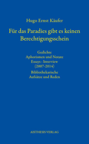 Der Band bildet den Abschluss der bislang vorliegenden Werke-Teilsammlungen Hugo Ernst Käufers. Er enthät seit 2007 entstandene literarische Arbeiten Käufers. Den Schwerpunkt bilden die in Legden entstandenen Gedichte, Aphorismen und Notate aus seine letzten Lebensjahren. Im Anhang dokumentiert eine Arbeitsbibliographie das Werk Hugo Ernst Käufers und die bis 2021 erschienene Sekundärliteratur zu seinem Werk.