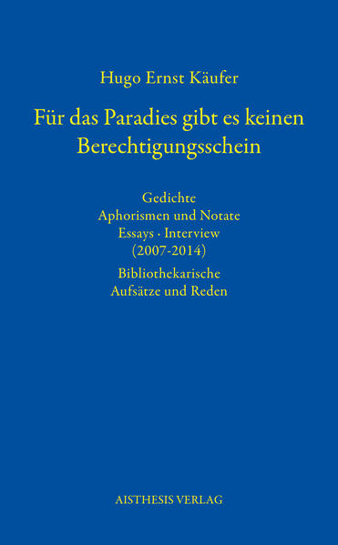 Der Band bildet den Abschluss der bislang vorliegenden Werke-Teilsammlungen Hugo Ernst Käufers. Er enthät seit 2007 entstandene literarische Arbeiten Käufers. Den Schwerpunkt bilden die in Legden entstandenen Gedichte, Aphorismen und Notate aus seine letzten Lebensjahren. Im Anhang dokumentiert eine Arbeitsbibliographie das Werk Hugo Ernst Käufers und die bis 2021 erschienene Sekundärliteratur zu seinem Werk.