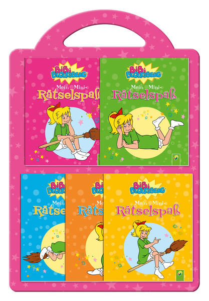 5 Minibücher mit spannenden Rätseln rund um Bibi Blocksberg und ihre Freunde Geschichten und Originalbilder aus der beliebten TV- Serie Mit Quizfragen für Rätseln für Kinder ab 4 Jahren Superpraktisch zum Aufbewahren und Mitnehmen: Trägerkarte mit Griff und Einsteckschlitzen für die Minibücher (Format 21 x 31 cm) Jedes Minibuch: 11,8 x 9,8 cm, 20 Seiten, kartoniert Bibi Blocksberg, die kleine freche Hexe, und ihre Freunde aus Neustadt, bringen dir tolle Ratespiele, Labyrinthe, Suchbilder, Schattenbilder und noch ganz viele andere lustige Aufgaben und Ausmalbilder mit. Einen kunterbunten Malund Rätselspaß finden Bibi- Blocksberg- Fans in diesen 5 lustigen Minibüchern! Eine tolle Beschäftigung für unterwegs. Auch als Mitgebsel für Kindergeburtstage bestens geeignet. Minibücher machen Spaß! Hex- hex!