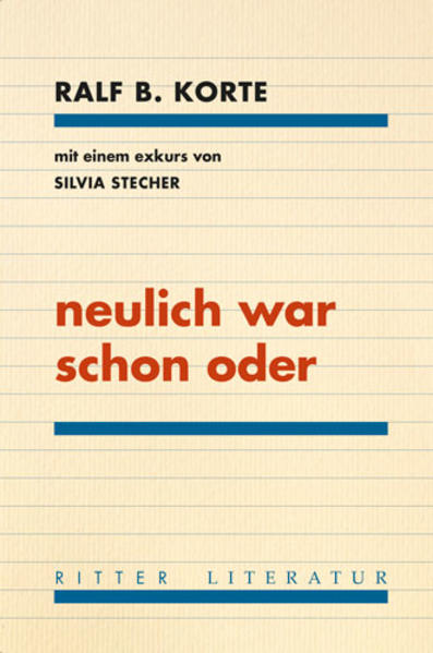 Die tagebuchartige Prosa stellt eine durch Kulturveranstaltungen, Party- und Randzonen in Berlin, Wien und Graz mäandernde Figur ins Zentrum, der die Zeitachsen durcheinander geraten. Einzelne Ereignisse werden zwar verortet und sind von Fall zu Fall zu überprüfen, aber zwischen die Zeitpunkte schiebt sich ein Ausfall von Erinnerungsvermögen wie nach epileptischen Anfällen. Dieses eigenartige Fehlverhältnis zu Zeit und Realitäten versucht verlorene Verbindungen neu zu verknüpfen. Zwei Anker wirft sich dieses Driften durch Begebenheiten: einerseits die Rückkopplung des Erlebten mit Leseerfahrungen, insbesondere mit einigen Schriften Hegels, andererseits das Anklingenlassen von Songs und Liedtextzeilen für eine imaginäre Balkanfahrt mit einer Unbekannten irgendwann in der Zukunft. In der Zusammenführung von Erinnerungen an Gespräche, Lektüren und Filme mit der Beobachtung prekärer werdender sozialer Umgebungen registriert Ralf B. Kortes neulich war schon oder epochale Verlust- und Erschöpfungserfahrungen in beeindruckender Präzision und sprachlicher Intensität.