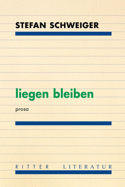 „liegen bleiben“ ist die Ausfaltung eines Verlusts, der den Protagonisten sukzessive in einen stuporösen Zustand gleiten lässt. Der Textfluss, der über weite Strecken eine Dialogform zwischen Lebenden und Toten bedient, löscht die Welt des Erzählers nach und nach aus. Der Erzähler als ein von der Möglichkeit zu enden Besessener erinnert nicht nur den Tod des anderen, sondern seinen eigenen in einer treibenden Bewegung von der Zukunft wie auch von der Vergangenheit aus auf die Gegenwart zu. In einer Welt fortwährender Zerstreuung erscheint „liegen bleiben“ schließlich als einzig mögliche Alternative zum Vergessen. Stefan Schweigers Prosa ist ein lakonisch-monumentales memento mori, gerichtet an eine Gesellschaft, die Funktionieren über das Denken stellt. In staunenswerter Prägnanz und mit hintersinnigem Humor dekliniert der Autor Sprechweisen heutiger intentionsloser Hyperaktivität und chronischer Überfordertheit und lässt diese konterkarierend ins Leere laufen. „liegen bleiben“ ist eine minuziöse poetische Arbeit zum Sprach- und Bewusstseinsstand der Zeit wider das Geraune eines anything goes.