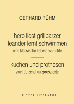 In „hero liest grillparzer / leander lernt schwimmen“ setzt Gerhard Rühm im Nebeneinander wörtlicher Zitate und faksimilierter Illustrationen eines Schwimmkurses aus dem Fin de Siècle und Stellen aus Grillparzers „Des Meeres und der Liebe Wellen“ die sich anbahnende Liebesgeschichte einer Novizin und eines jungen Klosterbesuchers auf amüsant vermittelte Weise in Szene. Angefacht durch die erotischen Konnotationen eines religiösen Traktats entzündet sich an Hand der als Wegweiser für Leander bestimmten Kerze Heros Begehren nach dem „anderen Ufer“, das diese in Gestalt der Äbtissin imaginiert. In kunstvoller Verflechtung der verwendeten Codes und Motive dekonstruiert Rühm überliefertes Pathos. Das Interesse, literarische Darstellungsklischees zu durchbrechen, leitet auch die Textbewegung der „kuchen und prothesen“ betitelten 24 Prosastücke, die je zur Hälfte aus den 1950er Jahren sowie aus der aktuellen Produktion Gerhard Rühms stammen. Als avancierte Versuche, innere Vorgänge erzählerisch in adäquater Form nachzuvollziehen, nehmen sich die frühen, in der Tönung melancholisch bis „cool“ gehaltenen Arbeiten Erinnerungen, Albträume und Visionen, aber auch erotische Phantasien zum Vorwurf. Einer travestierten „Enzyklopädie“ gleich, fügen mehrere der jüngeren Texte wie „feiertag“, „klingelbeutel“ oder „tränen“ Fakten und aus dem Eigensinn der Sprache Erfundenes zu teils skurrilen Satzwelten, die inhaltslose Rituale und ideologische Verblendung, zumal der katholischen Kirche, decouvrieren. Ein Fest forminnovativer und kritisch-engagierter Poesie!