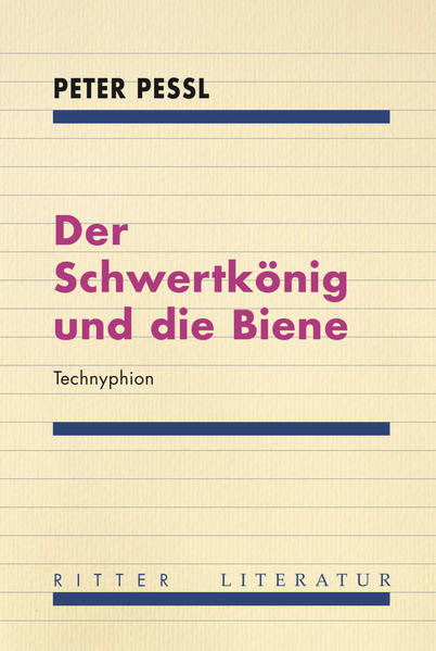 Peter Pessl konzipiert sein Buch „Der Schwertkönig und die Biene“ gleichsam als „Atelier“ zur Herstellung eines Mikro-Imperiums, das bevölkert ist von Mythostieren, sublimen Wirkpflanzen und allerhand flotten Geistchen, illuminierten Gottheiten, die dem Autor seit jeher nahestehen und auf dem Fuß folgen über alle Grenzen von Raum und Zeit, alle Gewohnheiten der Alltagssprache und jenseits des gesunden Menschenverstands. Die den Jahreszeiten entsprechende Beschäftigung mit seinen Bienenvölkern lässt das Autor- Ich, Vergils Sinnbild vom „Corycischen Greis“ folgend, Bindeglied sein zwischen seinem Sprachlabor, dem umgebenden Naturraum und der Wahnwelt der großen Städte, Zentren des Politischen: So treten Biene und Schweigekanzler, Wiesenfreund Eidechs und irrer Innenminister miteinander im Apfelgarten auf. Ausgestaltet als Prosaminiaturen, Zeichnungen, Gedichte, Invektive, Lieder oder Sprüche beschwören Peter Pessls Arbeiten die Kräfte der Natur und Kunst emphatisch als Überlebensmittel im allgemeinen Zustand eines taumelnden Endzeitkapitalismus.