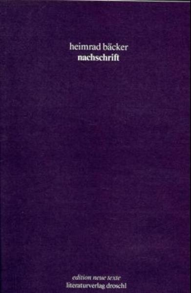 Bäckers "nachschrift" ist keine Beschreibung, kein Bericht. 'Es genügt', sagt Heimrad Bäcker 'die Sprache der Täter und der Opfer zu zitieren. Es genügt, bei der Sprache zu bleiben, die in den Dokumenten aufbewahrt ist. Zusammenfall von Dokument und Entsetzen, Statistik und Grauen.' Bäcker hat schriftliche Spuren dieser Wirklichkeit gesammelt: Listen, Eintragungen, Aufzählungen, Verbote, Verhaftungsgründe, Auflistungen zerstörter Synagogen, verbotener Handlungen, Anweisungen, Definitionen, Wendungen, Sprachfetzen, Daten, Zahlen, Ziffern, Berichte, Kürzeln, Namen, Berufe, Tätigkeiten, Fragen, Befehle, Legenden von Plänen, Numerierungen, Fragmente, Beschreibungen medizinischer Experimente, Zeitangaben, Exekutionslisten, ideologische Phrasen, Bildunterschriften. "Ich halte die "nachschrift" für ein Hauptwerk der "konkreten Poesie" und darüber hinaus für den Beweis, daß ihre Methoden in einem viel intensiveren Sinne Wirklichkeit vermitteln können als die Methoden der Beschreibung." (Aus dem Nachwort von Friedrich Achleitner)