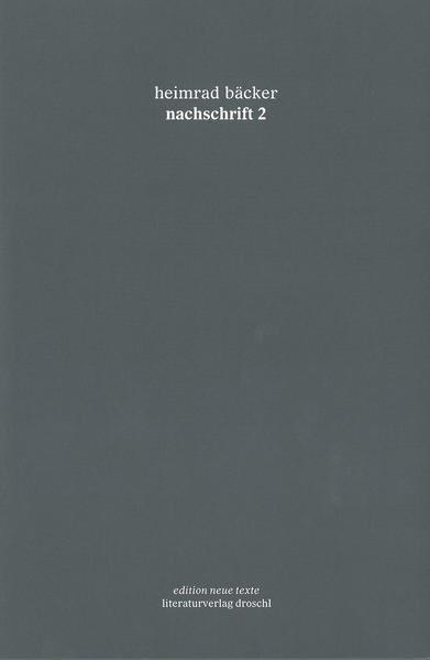 Dieser zweite Teil von Heimrad Bäckers dokumentarischer Dichtung mit den Mitteln der konkreten Poesie erweitert die montierten Quellen der nationalsozialistischen Tötungsmaschinerie um die Sprachmuster der Nürnberger Prozesse, um Textdokumente des Eichmann-Prozesses in Israel und um schriftliche und mündliche Zeugnisse von Opfern des Holocaust. Wie schon im ersten Band der nachschrift geht es Bäcker darum, die in Sprachverwendung und -struktur angelegten Keimzellen des Grausamen aufzuzeichnen und die Genese des Unvorstellbaren im sezierenden Blick von Montage und Auswahl transparent zu machen. Ästhetisch angemessener - gerechter - als mit den Mitteln einer fiktiven Schilderung der Zeitzeugenschaft gelangt er so zu Textgebilden, die einerseits in verknappter Form einen unausweichlichen Hinweis auf die außersprachliche Realität beinhalten, auf die sie verweisen