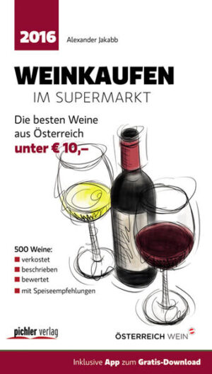 500 empfehlenswerte Weine, die in den wichtigsten Supermärkten des Landes über regional erhältlich sind: Gemeinsam mit seinem professionellen Verkosterteam hat der Weinspezialist Alexander Jakabb wieder alle in Supermärkten erhältlichen österreichischen Weine unter 10 Euro verkostet und bewertet. Die Zeiten, in denen das Supermarktregal dazu missbraucht wurde, um ahnungslosen Konsumenten mittelmäßige Weine anzudrehen, sind gottlob vorbei. Doch nach wie vor gibt es große Qualitätsunterschiede. Welche Weine empfehlenswert und ihr Geld wert sind, erfahren Weinfreunde in diesem nützlichen Weinguide - übersichtlich gestaltet und nach Supermarkt-Ketten gegliedert. Eine Speiseempfehlung zu jedem Wein erhöht den persönlichen Genussfaktor. Bewertet werden Weine aus den folgenden Supermärkten: Adeg · Billa · Denns · Hofer · Lidl · Maximarkt · Merkur · MPreis · Norma · Penny · Spar · Unimarkt · Zielpunkt