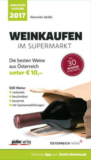 500 empfehlenswerte Weine - in den wichtigsten Supermärkten des Landes überregional erhältlich: Gemeinsam mit seinem professionellen Verkosterteam hat Weinspezialist Alexander Jakabb wieder alle in Supermärkten erhältlichen österreichischen Weine unter 10 Euro verkostet und bewertet. Nach wie vor gibt es hier große Qualitätsunterschiede. Welche Weine empfehlenswert und ihr Geld wert sind, erfahren Weinfreunde in der Jubiläumsausgabe dieses übersichtlichen Weinguides. Eine Speiseempfehlung zu jedem Wein erhöht den persönlichen Genussfaktor. Bewertet werden Weine aus folgenden Supermärkten: Adeg · Billa · Denns · Hofer · Lidl · Maximarkt · Merkur · MPreis · Norma · Penny · Spar · Unimarkt