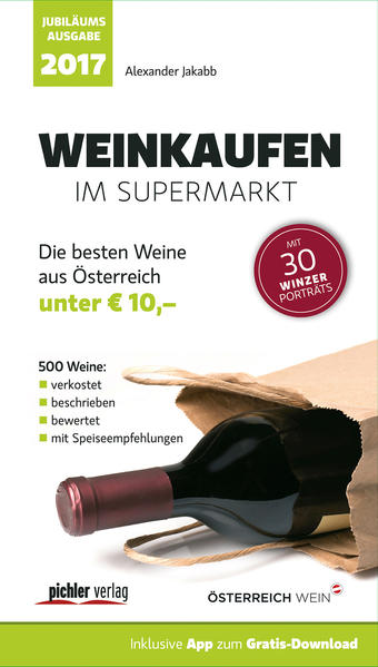 500 empfehlenswerte Weine - in den wichtigsten Supermärkten des Landes überregional erhältlich: Gemeinsam mit seinem professionellen Verkosterteam hat Weinspezialist Alexander Jakabb wieder alle in Supermärkten erhältlichen österreichischen Weine unter 10 Euro verkostet und bewertet. Nach wie vor gibt es hier große Qualitätsunterschiede. Welche Weine empfehlenswert und ihr Geld wert sind, erfahren Weinfreunde in der Jubiläumsausgabe dieses übersichtlichen Weinguides. Eine Speiseempfehlung zu jedem Wein erhöht den persönlichen Genussfaktor. Bewertet werden Weine aus folgenden Supermärkten: Adeg · Billa · Denns · Hofer · Lidl · Maximarkt · Merkur · MPreis · Norma · Penny · Spar · Unimarkt