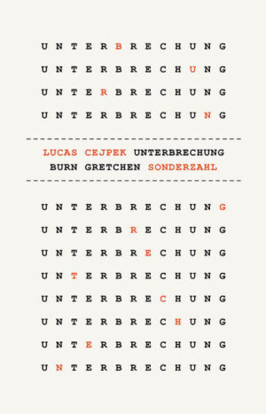 Wörterbücher gibt es viele. Dieses Buch kreist nur um ein einziges Wort: Unterbrechung. In dem Wort steckt unter anderem der Name Gretchen und die Aufforderung burn, was vieles heißen kann: etwas in Brand setzen oder sichern, indem man es auf CD brennt, oder für etwas brennen, für jemanden in Liebe entbrannt sein. Neben allen möglichen Formen der Unterbrechung werden in dem vielstimmigen Buch die unterschiedlichsten Frauen beschworen, von Goethes Gretchen bis zur Filmschauspielerin Gretchen Mol, die Bettie Page verkörpert hat, ein Pin-up der 1950er Jahre und eine Comic-Heldin der Gegenwart. Unterbrechung ist ein in viele kurze Abschnitte gegliederter Prosatext, mit dramatischen Einschüben, der immer auch gegen das Vergessen anschreibt. Als Lexikon der Gegenwart ist Unterbrechung. Burn Gretchen ein ebenso politisches wie persönliches Buch. Für Lucas Cejpek ist die Unterbrechung eine Alltagserfahrung und die Voraussetzung für jede kulturelle Produktion. Unter diesem Blickwinkel öffnet sich ein Kosmos, in dem Jacques Lacan neben Lady Di Platz hat, Aylin Langreuter, Claude Lanzmann, John Latham neben Laurel und Hardy.