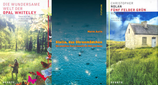 Alle drei Bücher haben etwas gemeinsam: Es sind literarische Zeugnisse von außerordentlichen Begabungen, die das gewohnte Schema vom phantasievollen Autor, der Geschichten ausdenkt, durchbrechen. Die wundersame Welt der Opal Whiteley ist das Tagebuch einer Sechs- und Siebenjährigen, die um 1900 in den Wäldern Oregons aufwuchs und eine überwältigende naiv-weisheitsvolle Sicht auf die Natur besitzt. Stella, das Ohrenmädchen, erzählt die Geschichte einer Gehörsensitiven, die mit ihrer einmaligen intuitiven Begabung in die Innenräume der Welt eindringt. Fünf Felder Grün ist ein Meisterwerk der irischen Literatur, eine Saga um die eigenwilligen Winnie O’Brien, geschrieben von Christopher Nolan, der spastisch gelähmt war und nur mit einem um den Kopf umgebundenen Stab einzelne Buchstaben anschlagen konnte und zwölf Jahre an diesem Roman arbeitete. Lesestoff, der die Grenzen des alltäglich Menschlichen sprengt.