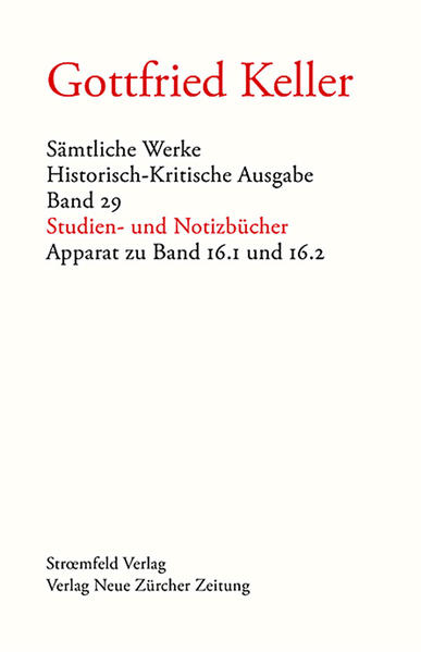 Band 29 enthält den Apparat zu den Bänden 16.1 und 16.2 der Historisch-Kritischen Gottfried-Keller-Ausgabe editierten Studien- und Notizbücher. Er gliedert sich in einen Allgemeinen Kommentar zu bisherigen Publikationen, einen Detailkommentar zu sämtlichen Texteintragungen und Zeichnungen sowie eine Briefdokumentation.